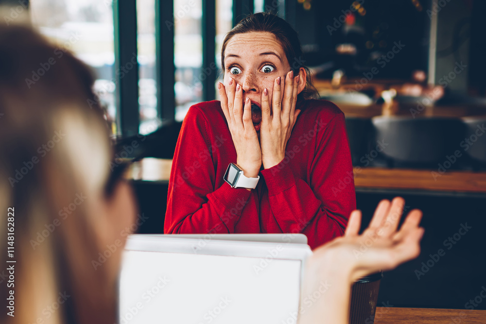 Poster terrified young woman head scary secret during friendly conversation with colleague working remotely