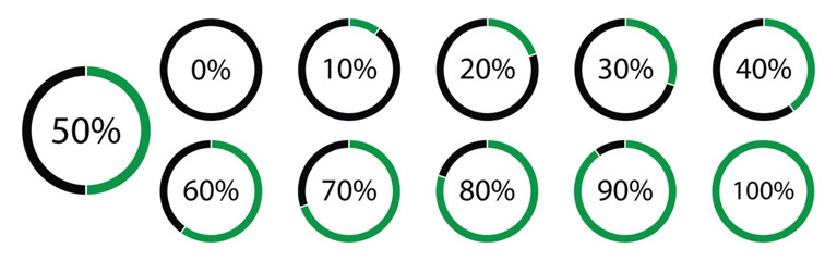 Circle loading icon set.  Loading progress bar. Percentage circle set. Loading indicator set. From 1 to 100. Vector illustration. simple flat design loading data interface elements app button