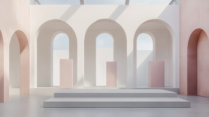 Fototapeta premium Minimalist Interior with Archways and Soft Pastel Colors in Elegant Modern Design Space
