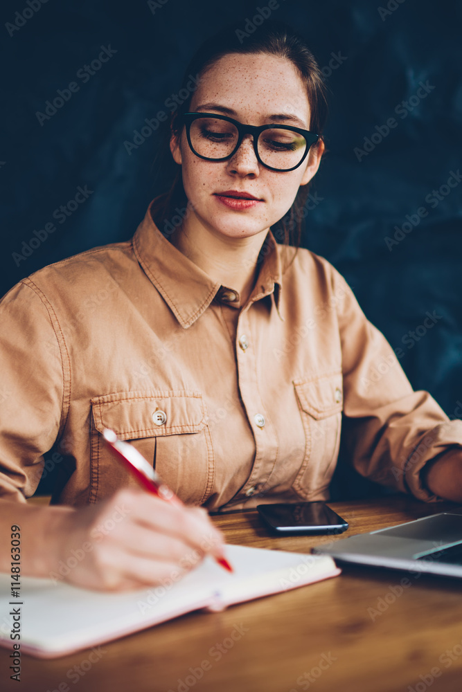 Poster pensive intelligent hipster blogger noting some idea in notepad for developing own web page on lapto