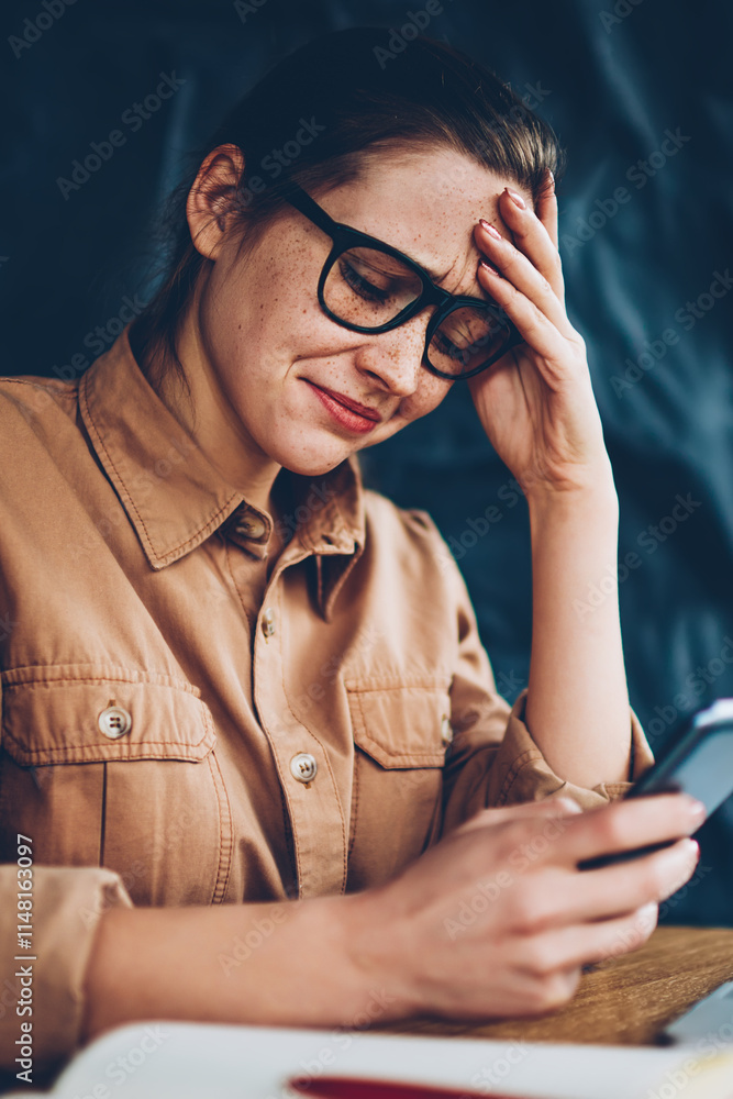 Aufkleber worried hipster blogger crying while reading incoming sms message with bad news on smartphone device