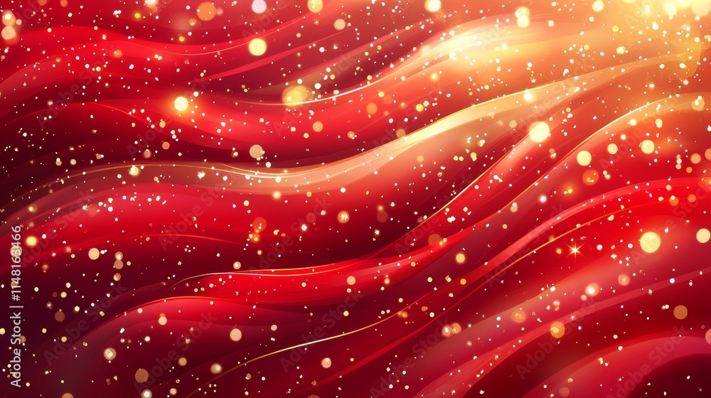 Poster abstract red background with sparkling bokeh effects and flowing wavy textures for holiday themes