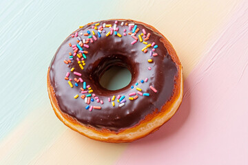 A chocolate donut with a glossy glaze and colorful sprinkles, placed on a vibrant pastel background