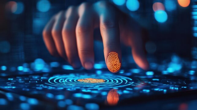 businessman hand pointing at tablet with abstract glowing id fingerprint web protection and security interface on blurry blue bokeh city background. Identification, cybersecurity and priva