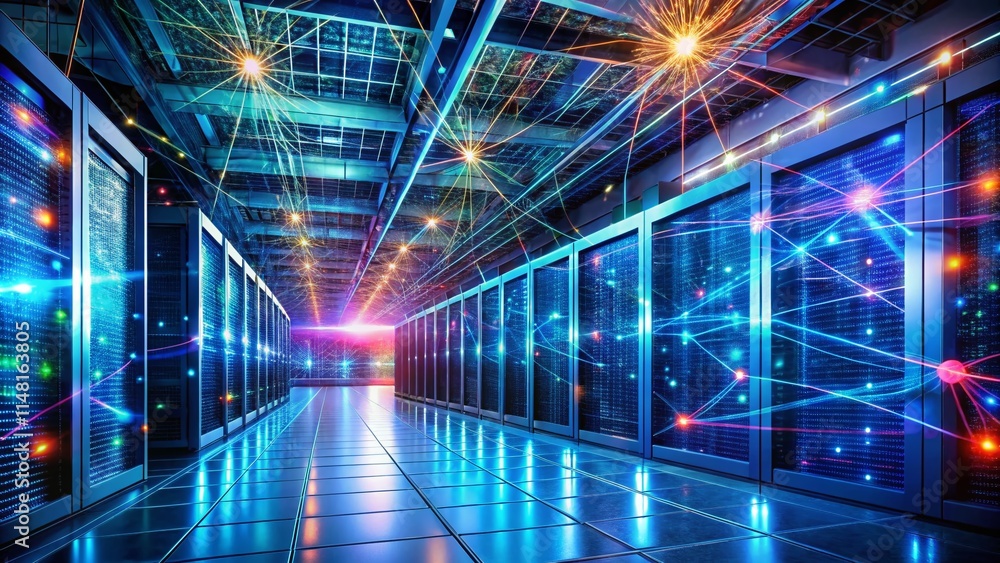 Poster long exposure server room hologram network graph visualization - data center network, server room li