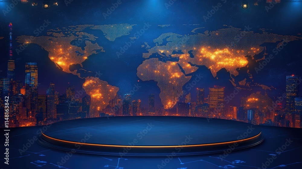 Poster global network connectivity with world map and stage background