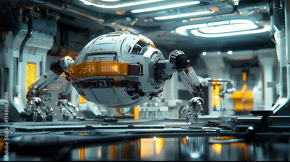 Poster Futuristic Spherical Robot In A Modern Laboratory Setting