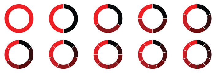 Circle division infographic icon set. Pie chart divided 4,5,6 equal parts. Color pizza or donut round diagram. Vector illustration isolated on white background. Infographic wheel segment and fraction.