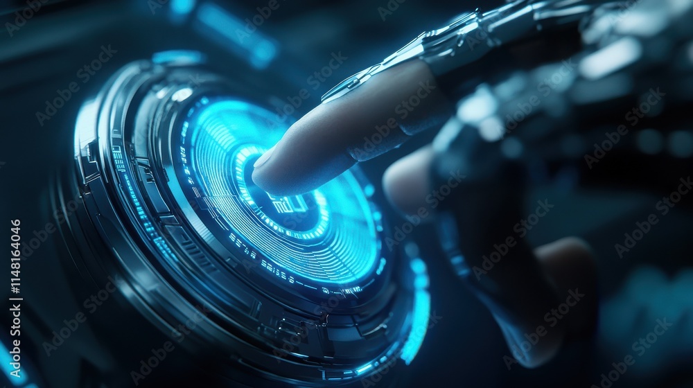 Poster closeup digital finger biometric sensor verifying user granting access to system. modern futuristic 
