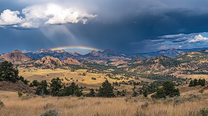 Fototapeta premium Panoramic view of a rainbow over a mountain range after a storm.