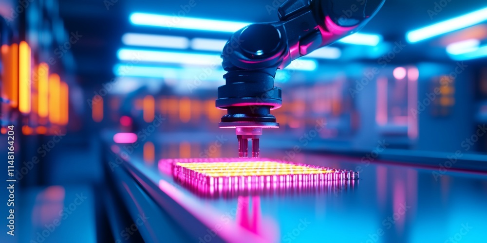 Poster robotic arm manipulating illuminated circuit board in futuristic factory.