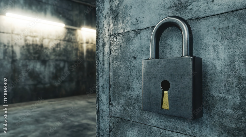 Poster creative padlock on circuit lines in concrete interior with mock up place. privacy and technology co