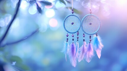 Ethereal Dreamcatchers with Feathers in Soft Blue Background