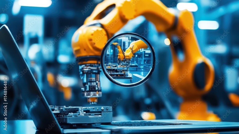 Poster developers, robot work at laptop with magnifier. industrial cybersecurity, industrial robotics malwa