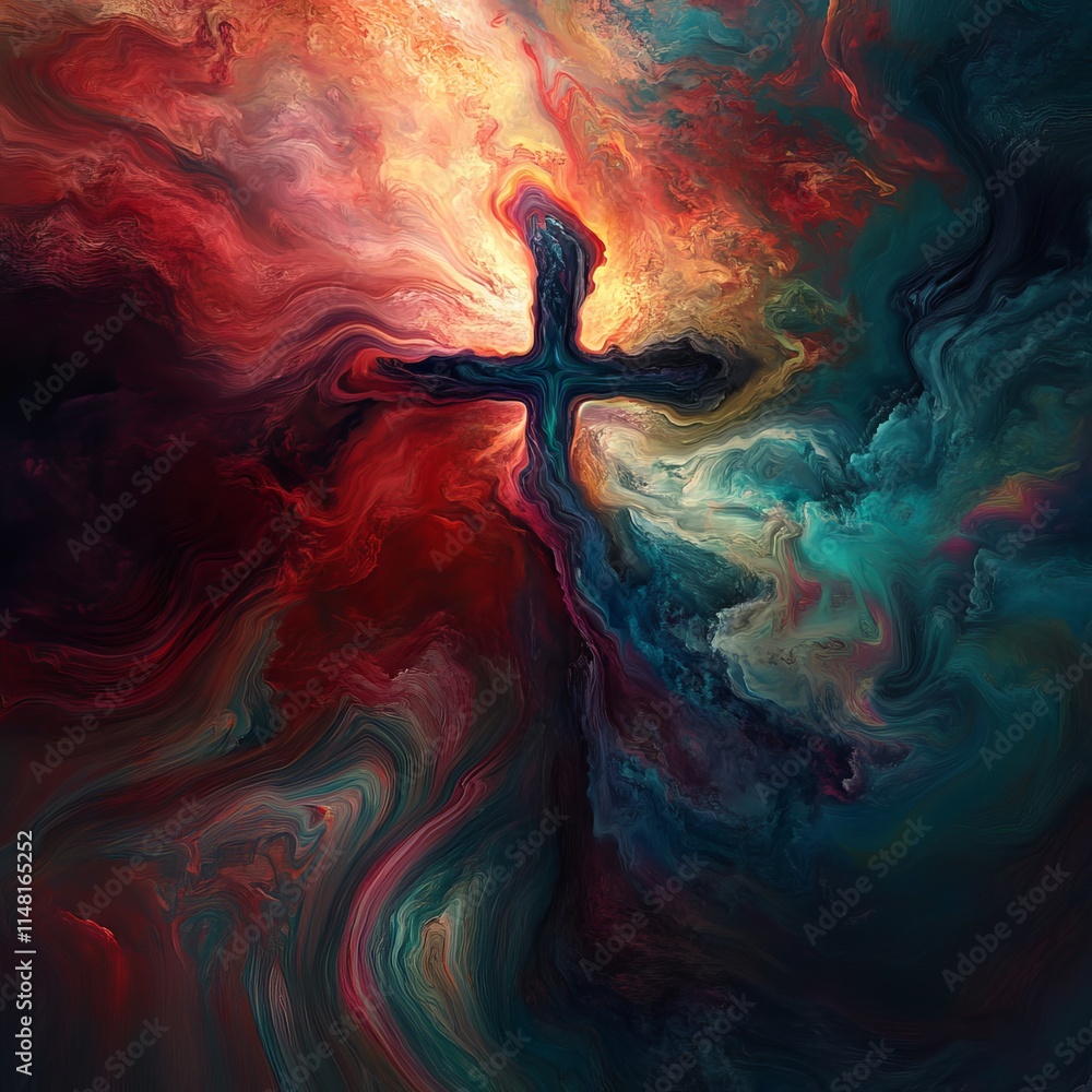 Poster a colorful abstract painting of a cross with a red background. the cross is the main focus of the pa