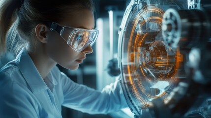 Engine hologram inspection woman analyse holographic image in digital glasses. Closeup futuristic automobile industry specialist checking turbine project designing motor. High tech engineering concep