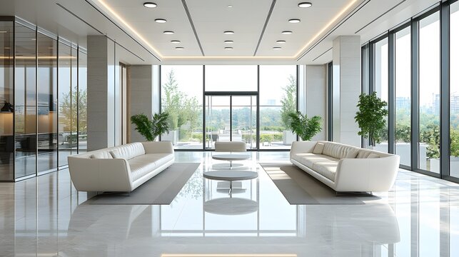 Modern bank lobby, open floor plan, leather sofas, glass windows. Bright LED lights, marble floors, minimalist design creates professional corporate atmosphere with sleek furniture.