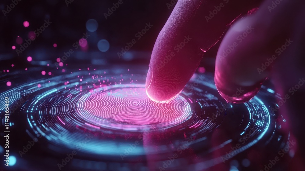 Poster futuristic fingerprint scanner failing biometric identification block access. digital security syste