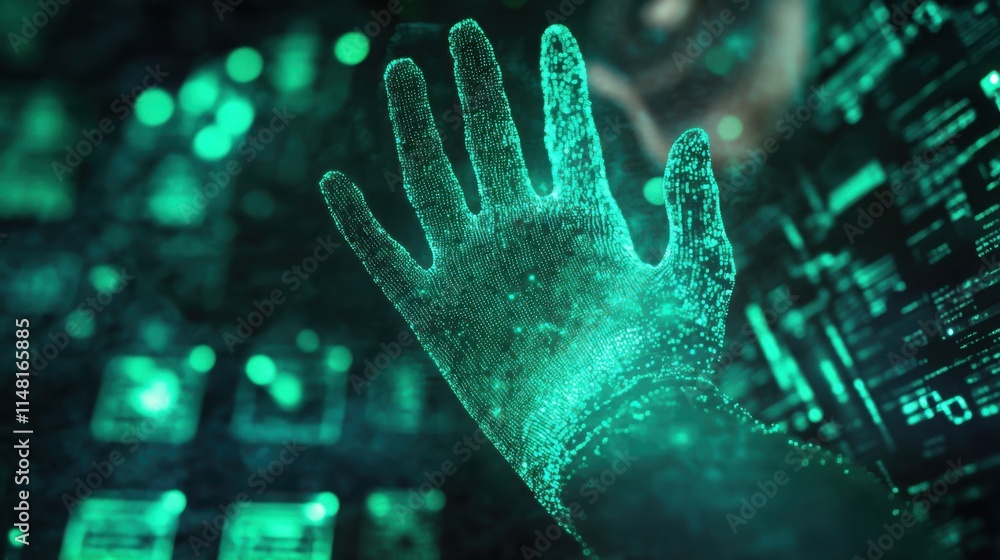 Poster hand scanner successfully checking user biometrics granting application access. digital high-tech pr