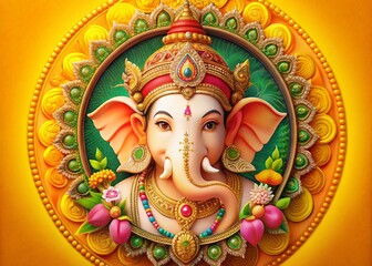 Lord Ganesha Yellow Background Portrait, Indian God Art, Decorative Ganesh, Line Frame Design, Hindu Deity Painting