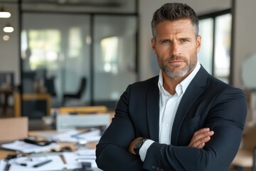Fototapeta premium A confident businessman stands in a cluttered modern office, dressed in a tailored suit, radiating authority and professionalism amidst a backdrop of contemporary decor.