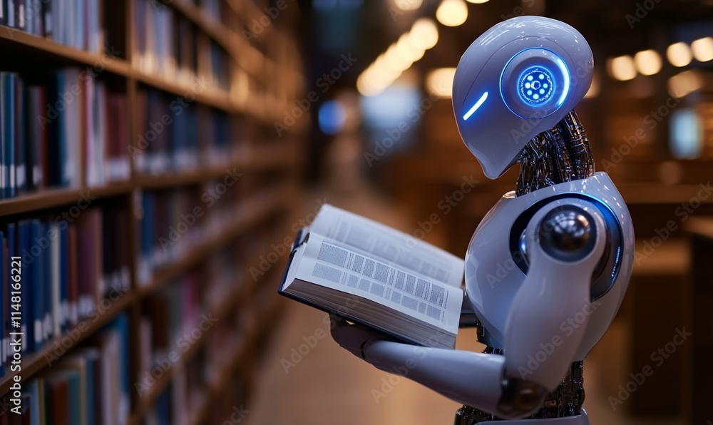 Poster robot reading a book in a library. (1)