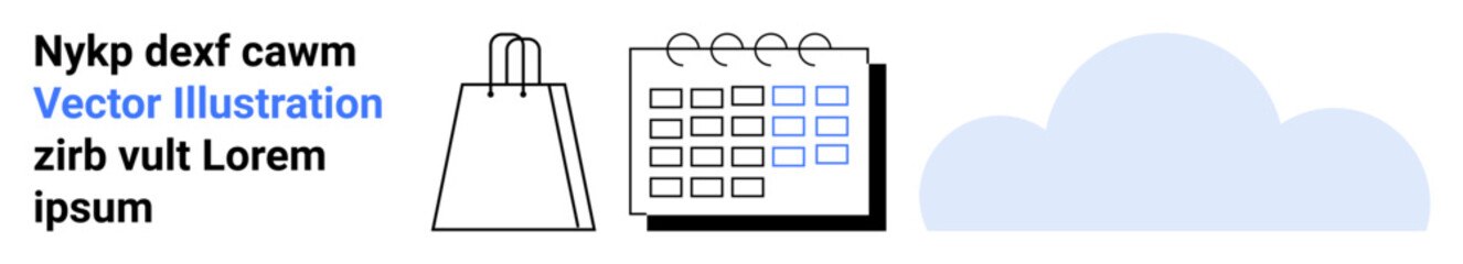 Shopper bag, calendar with dates, cloud shape, and text with placeholder words in a horizontal layout. Ideal for business planning, scheduling, time management, e-commerce, cloud computing online