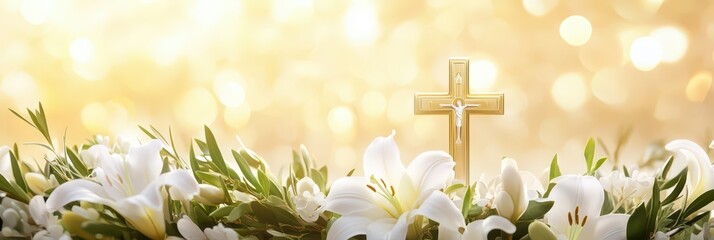 Easter celebration with cross and lilies on a bright spring background. Horizontal banner. Copy space. Template for first communion, baptism, wedding