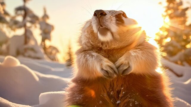 A cute, fluffy marmot crawled out of its hole among the white snow on a sunny day. zoom in, zoom out, pan or make 360 photo, animate, pan right