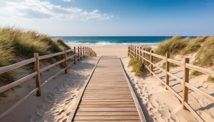 wooden way to the romantic beach at the sea with dunes and waves