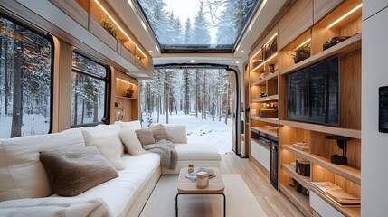 Fototapeta premium Modern RV interior, Scandinavian design, wood paneling, built-in furniture. Comfortable sofa, floating shelves, panoramic windows show snowy forest. Cozy mobile living space.