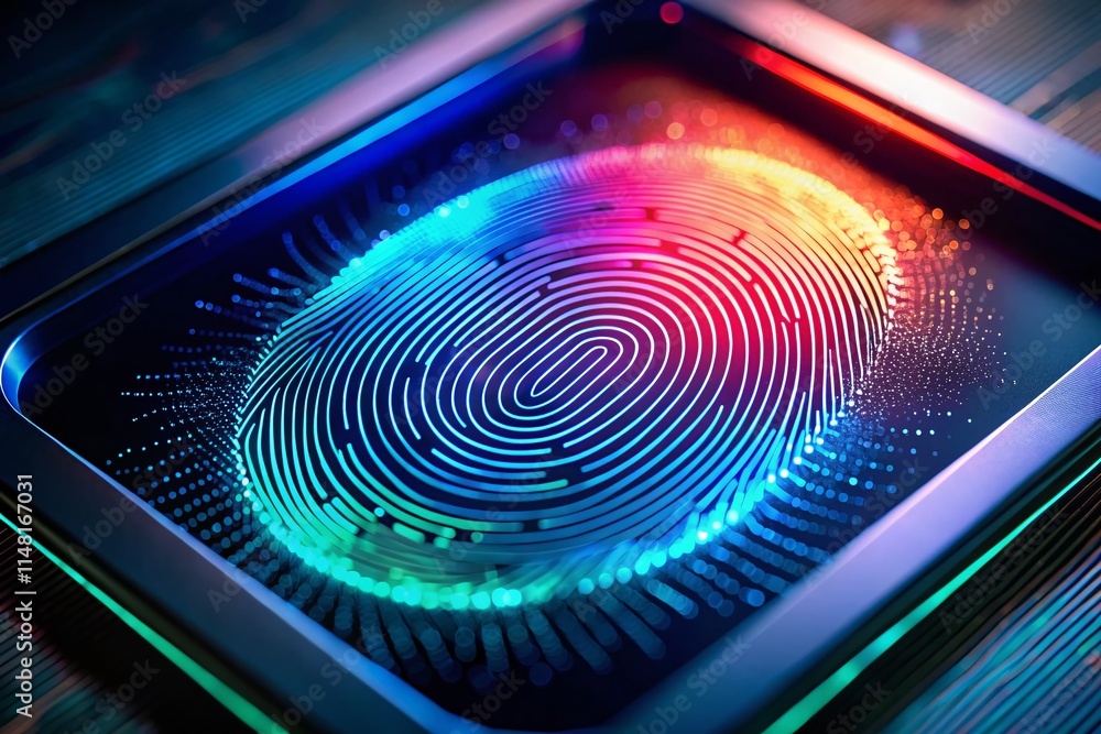 Poster low light biometric fingerprint scanner, close-up electronic screen, security technology, smart devi