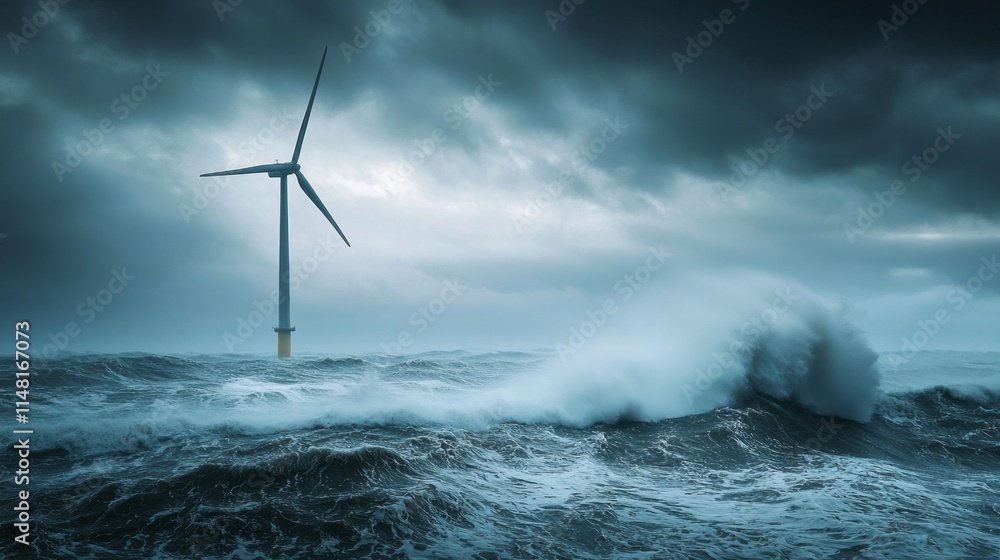 Poster the powerful wind turbine spins steadily, harnessing renewable energy while towering over the churni