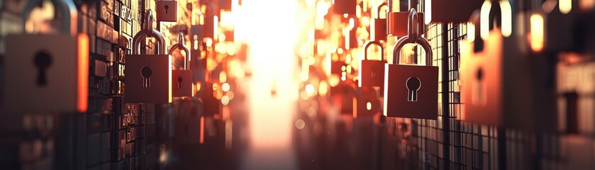 A pathway lined with glowing locks creates a mysterious and secure atmosphere, Minimal design of shift-left security concept