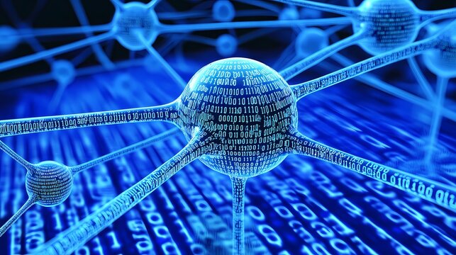 Abstract Representation of Digital Data Transmission in a Network of Connected Nodes and Binary Code in a Futuristic Blue Color Palette