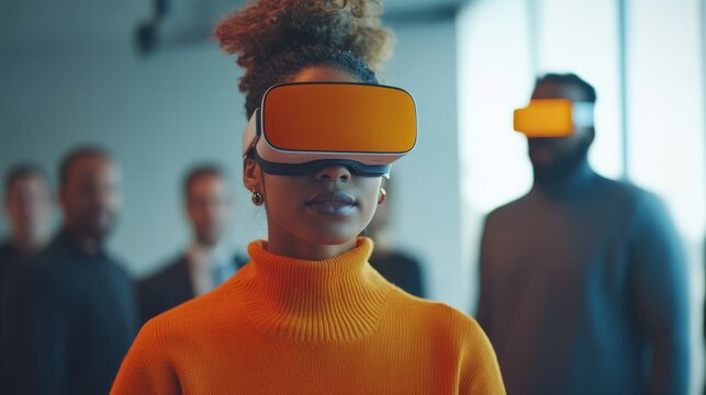 Multiethnical business people having team training exercise during seminar with VR glasses. Young girl in orange sweater presenting results of the project for coworkers
