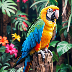 Naklejka premium Vibrant blue and yellow macaw perched on a branch in a lush tropical setting.