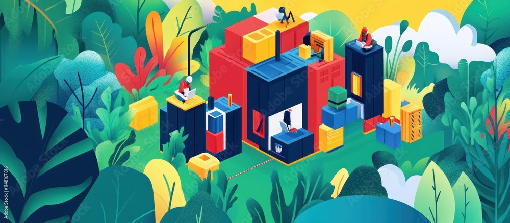Poster isometric illustration of colorful building blocks forming a structure in a lush green forest.