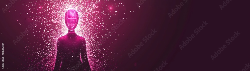 Poster mysterious silhouette surrounded by vibrant pink particles on a dark background, dynamic ai-driven d