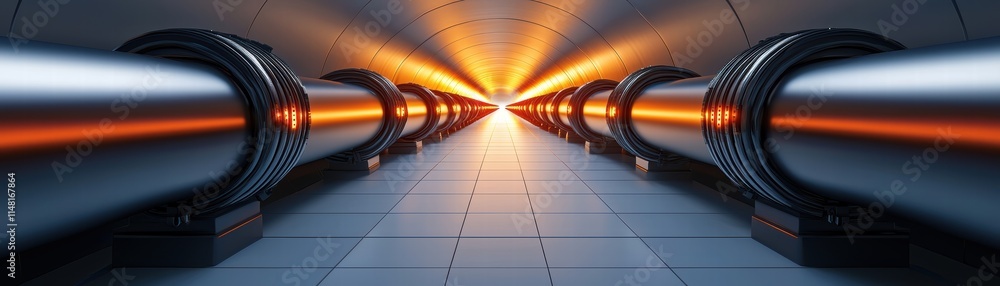 Poster a perspective view of parallel pipes illuminated by a warm glow, creating a dynamic and futuristic a