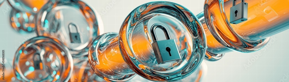 Poster abstract representation of interconnected locks symbolizing security and protection, high-tech ci se
