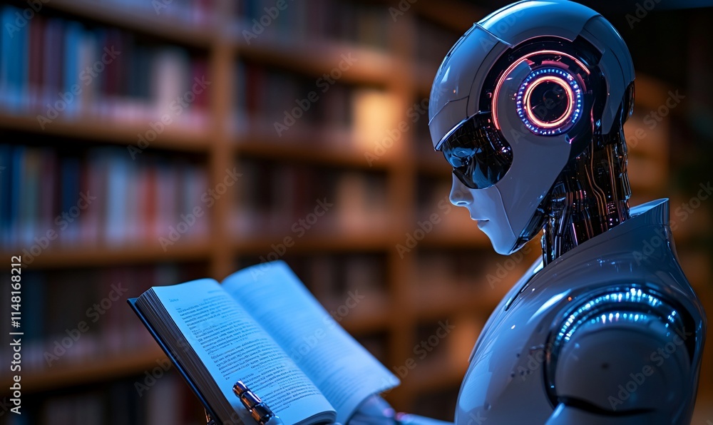Poster robot reading a book in a library.
