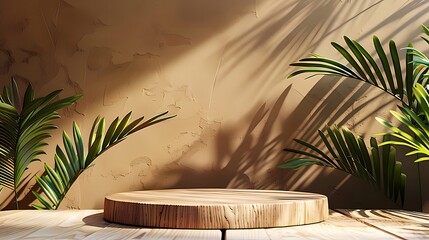 Wooden podium with tropical plants and sunlight on textured wall.