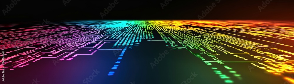 Poster colorful digital landscape with vibrant, flowing data patterns and abstract elements, ci pipeline wo