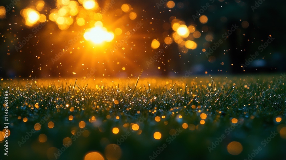 Canvas Prints Dew-kissed grass at sunset with bokeh.