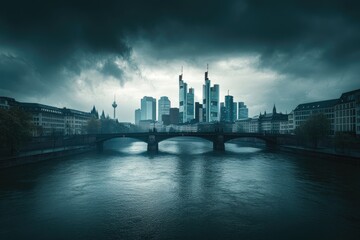 Fototapeta premium Frankfurt financial district skyline with river and bridge Germany.