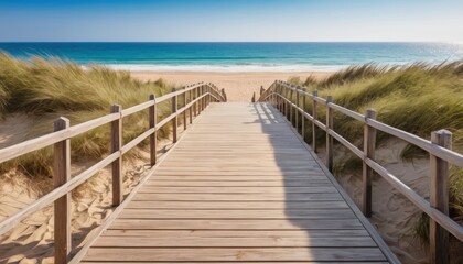 wooden way to the romantic beach at the sea with dunes and waves