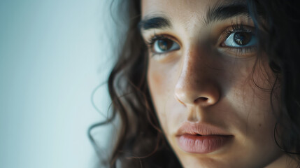 Fototapeta premium Close-Up Portrait of Thoughtful Woman with Curly Hair Looking Away in Natural Light, Expressing Deep Emotion