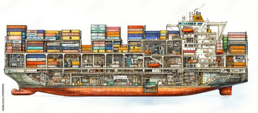 Poster cross-section view of a container ship, showcasing its internal structure and cargo.