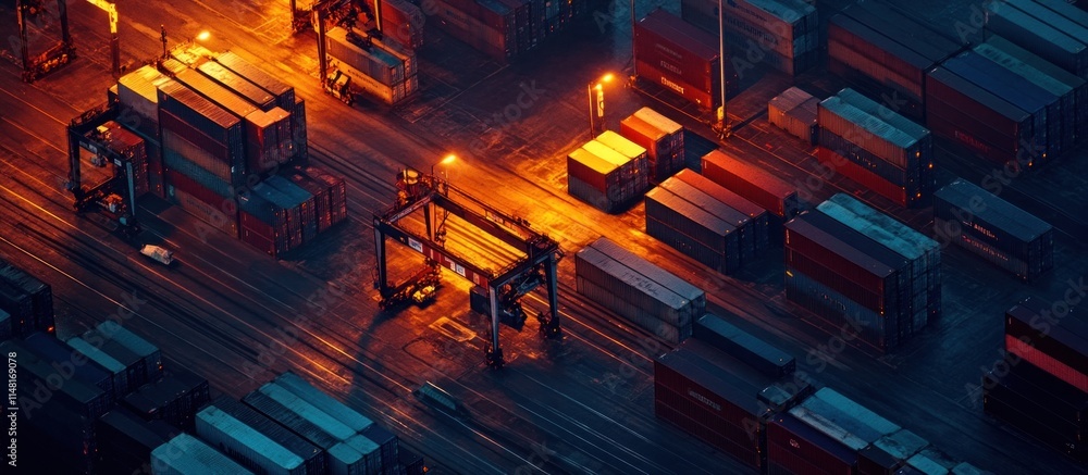 Poster night aerial view of a container terminal with illuminated cargo containers and cranes.